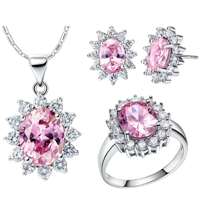 2017 Мода Ювелирные Наборы CZ Алмазов для Женщин Свадьба Розовый Ruby Blue Crystal Ожерелье