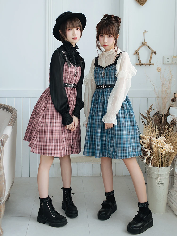

Japanese Women Harajuku Sleeveless Sweet Dress Lolita Style Plaid Tank Dress Jsk Christmas Party Club Dress