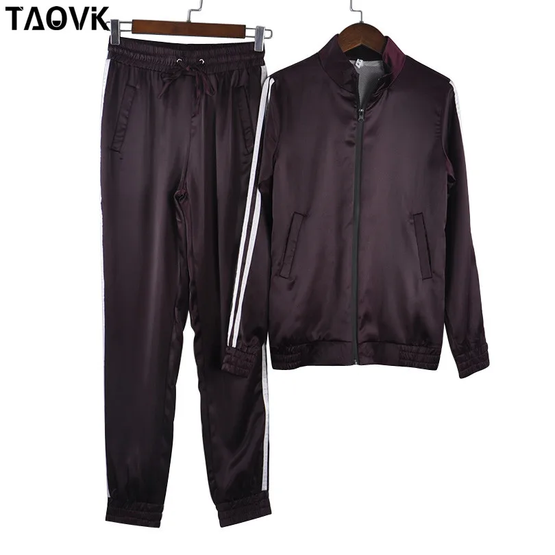 Purple Женские лоскутные костюмы в полоску TAOVK, шелковый костюм с длинным рукавом, куртка на молнии и длинные брюки, комплект из 2 предметов - Цвет: Purple