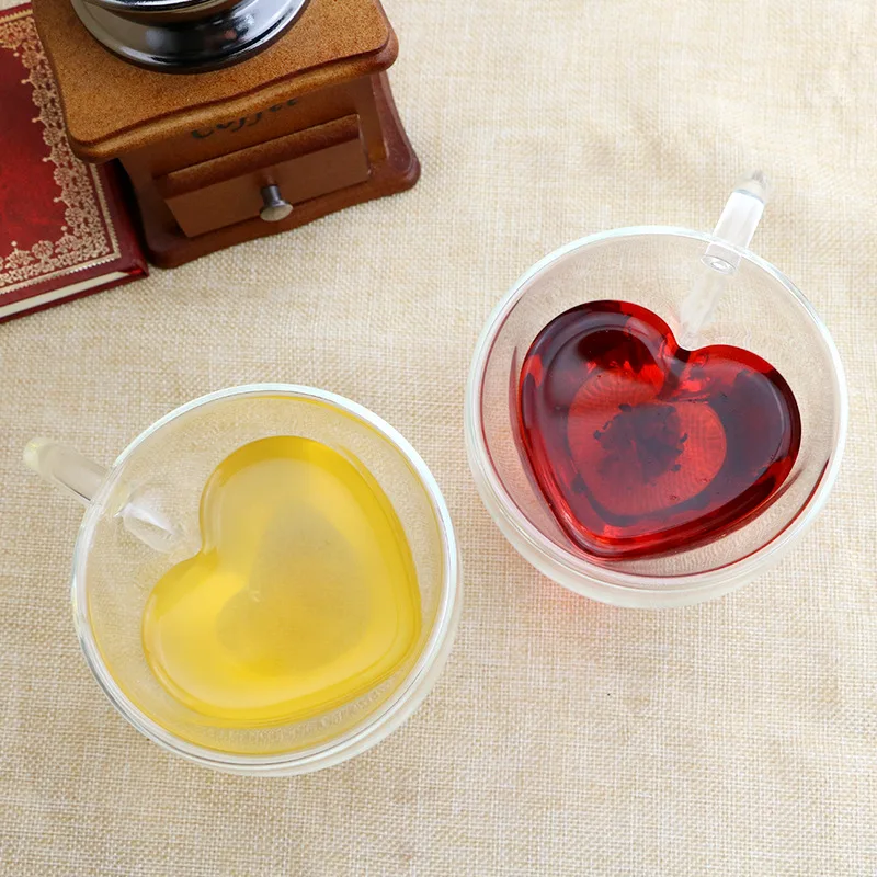 

Heart Love Shaped Double Wall Glass Mug Resistant Kungfu Tea Mug Milk Lemon Juice Cup Drinkware Lover Coffee Cups Mug Gift