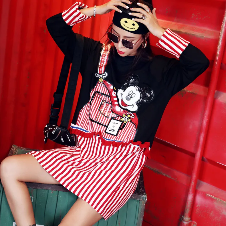 Autumn New Design Cartoon Sequins Long Sleeve Tees High Street Faux 2pcs Stripe Pullovers Big Size Casual Above Knee Dress | Женская