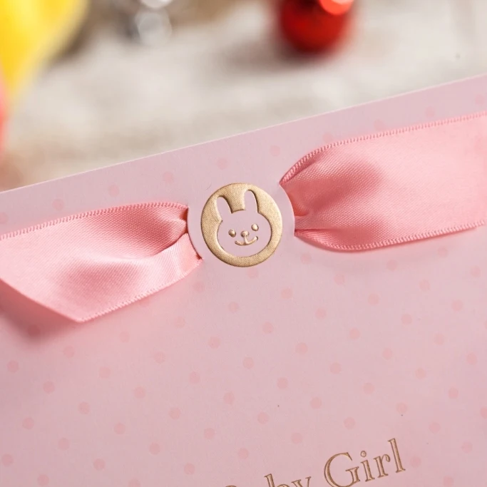 Pink invitations card with ribbon for Baby Girl 3D Card birthday invitation cards CW5301 | Дом и сад
