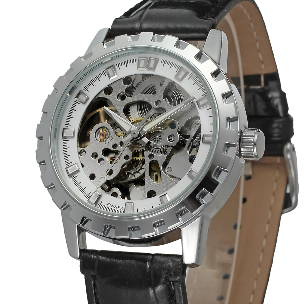 

2019 Fashion Winner Top Brand Vintage Black Genuine leather Men Sports Clock Mechanical Skeleton Clock For Gift Wrist Watches