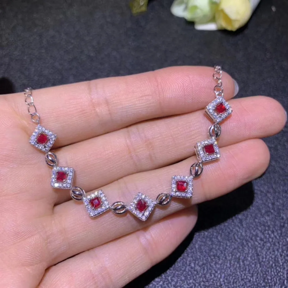 

S925 silver natural red ruby gem bracelet natural gemstone bracelet Elegant Lovely wave square women party gift fine jewelry