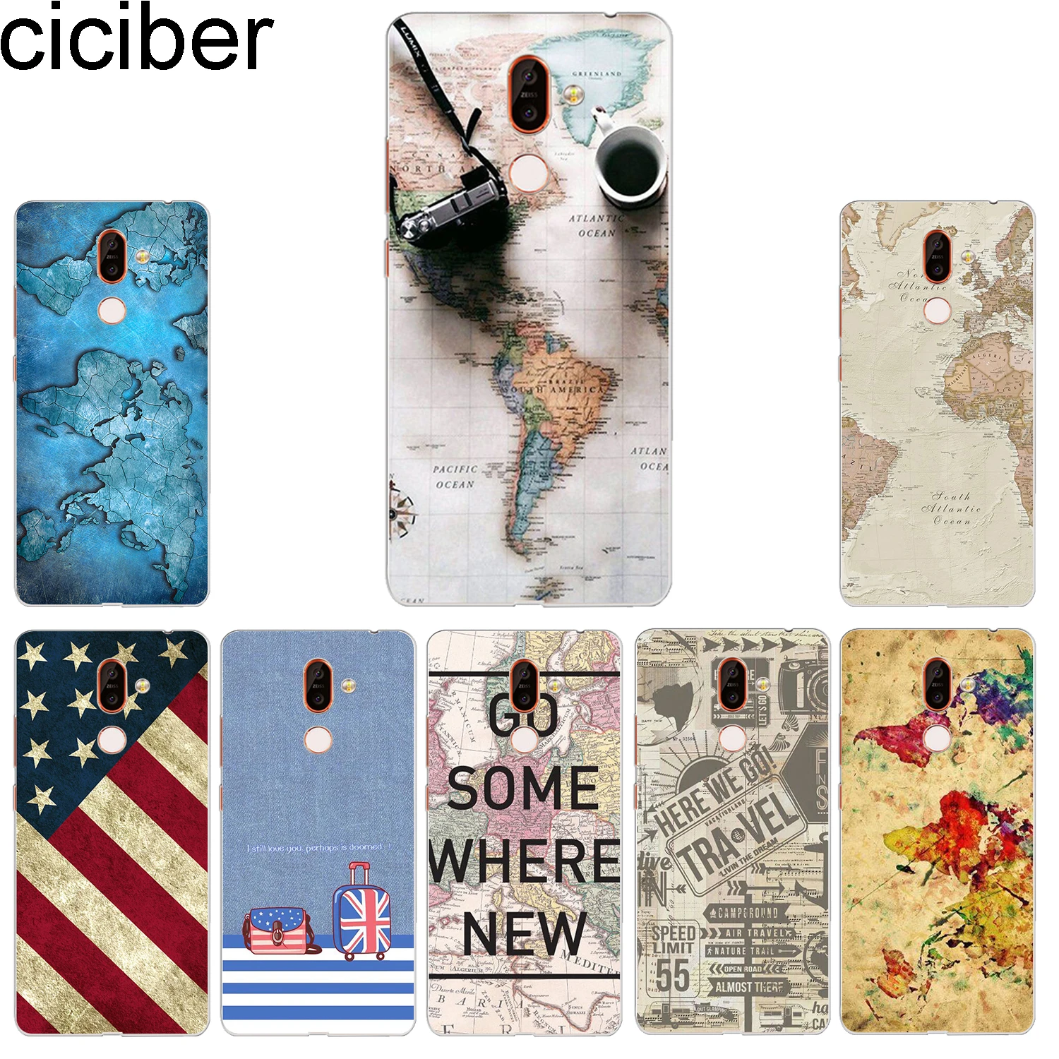 ciciber Phone Case for Nokia 9 PureView 1 2 3 5 6 7 8 Sirocco Soft Back Cover 2.1 3.1 5.1 6.1 7.1 8.1 Plus World Map |