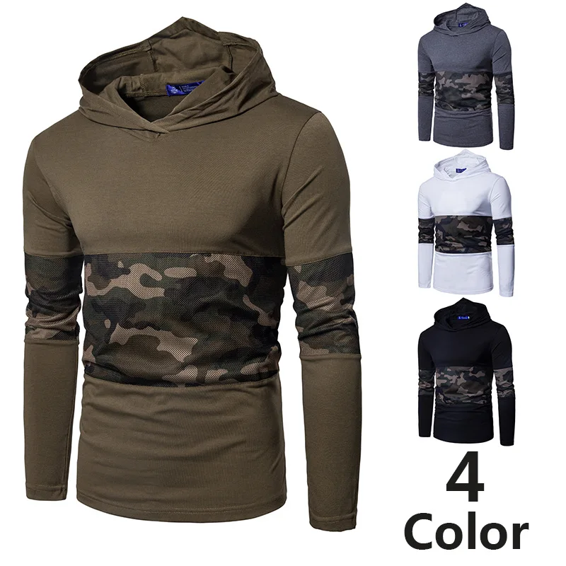 2019 fall and winter new men's camouflage cap long-sleeved T-shirts fashion splice men Sleeve collar casual Cotton | Мужская одежда