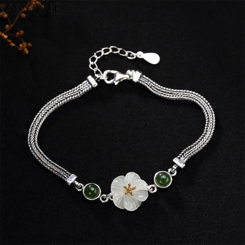 

3mm Width Chain 2019 Charm Bracelet 100% Real 925 Sterling Silver Jewelry For Women Real Natural Jade Lotus bracelets & bangles