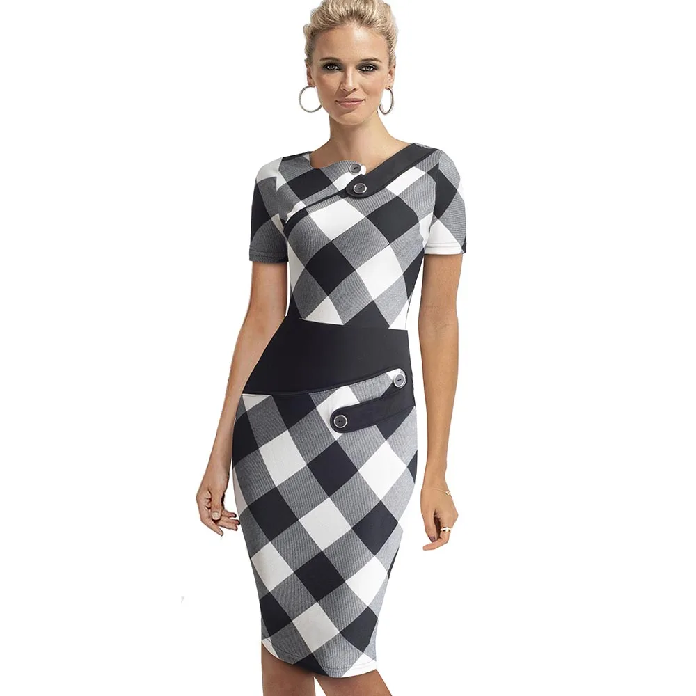 Summer Tunic Women Formal Work Office Sheath Patchwork Line Asymmetrical Neck Knee Length Pencil Dress EB527 - Цвет: Black n white plaid