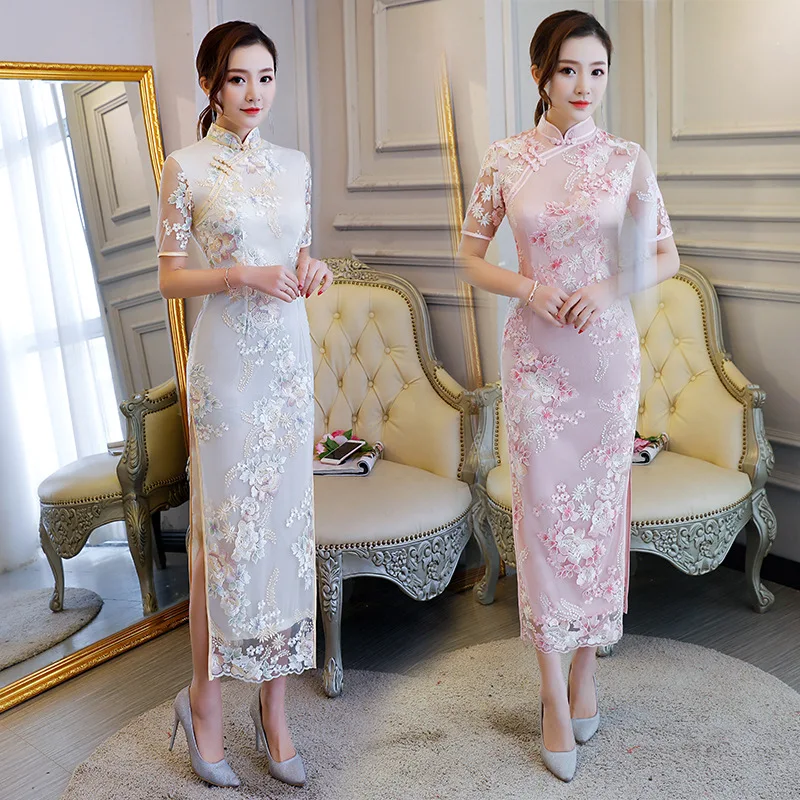 Вышивка с длинным Cheongsam высокое Разделение кружева платье Чонсам Для женщин китайское традиционное платье ретро элегантность Вечеринка платья