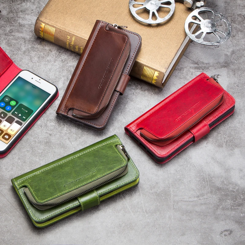 

Luxury Crazy Horse Genuine Leather Flip Case For iPhone 7 8 Card Holder Cover Coque Fundas Zipper Coin Pocket Phone Case