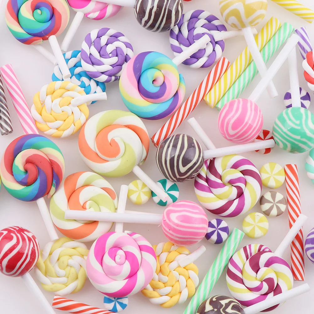 

50 Pieces Beauty Mix Kawaii Rainbow Lollipop Candy Polymer Clay Cabochons Flatback For DIY Jewelry Decoration