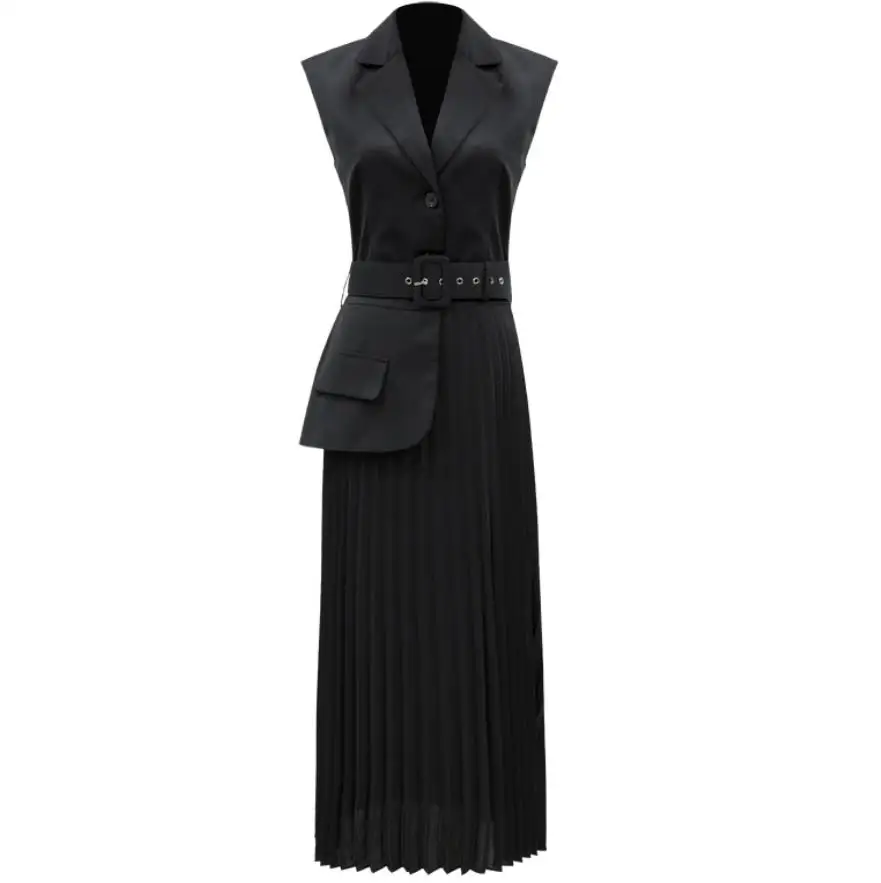 

2021 Summer new fashion vest women notched sleeveless Split Joint Pleated hemline False Two pieces long top coat
