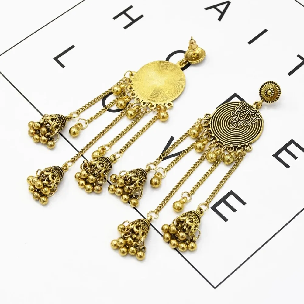 Индийские окисленные серьги Jhumka Jhumki, индийские ювелирные изделия для женщин, золотые, серебряные, длинные серьги с кисточками, с ушками, для афганского, египетского, турецкий Цыганский
