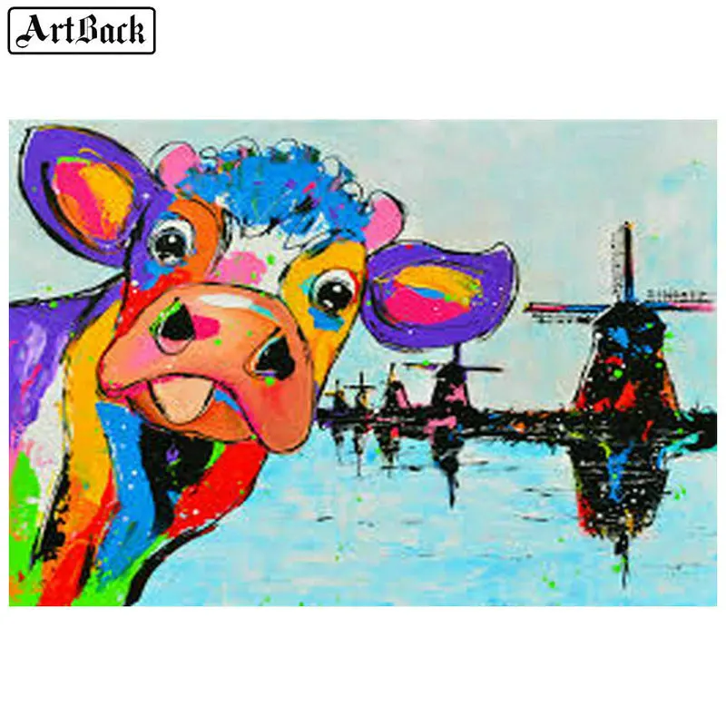 Full square 5d diy diamond painting watercolor cow cartoon full round drill embroidery color animal handicraft | Дом и сад