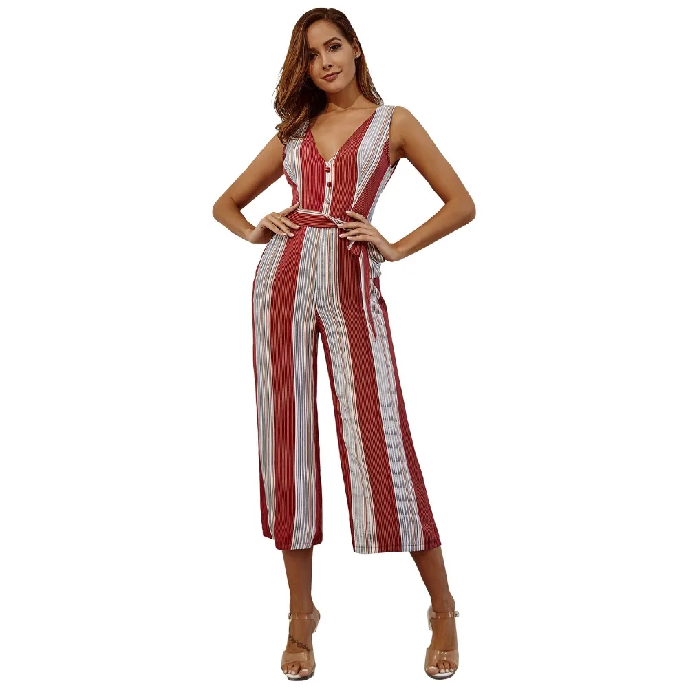 Women's Sexy Red Striped Sling Jumpsuits V neck Casual Playsuits Summer Lady Party Sleeveless Backless Beach Club Lacing Bow | Женская