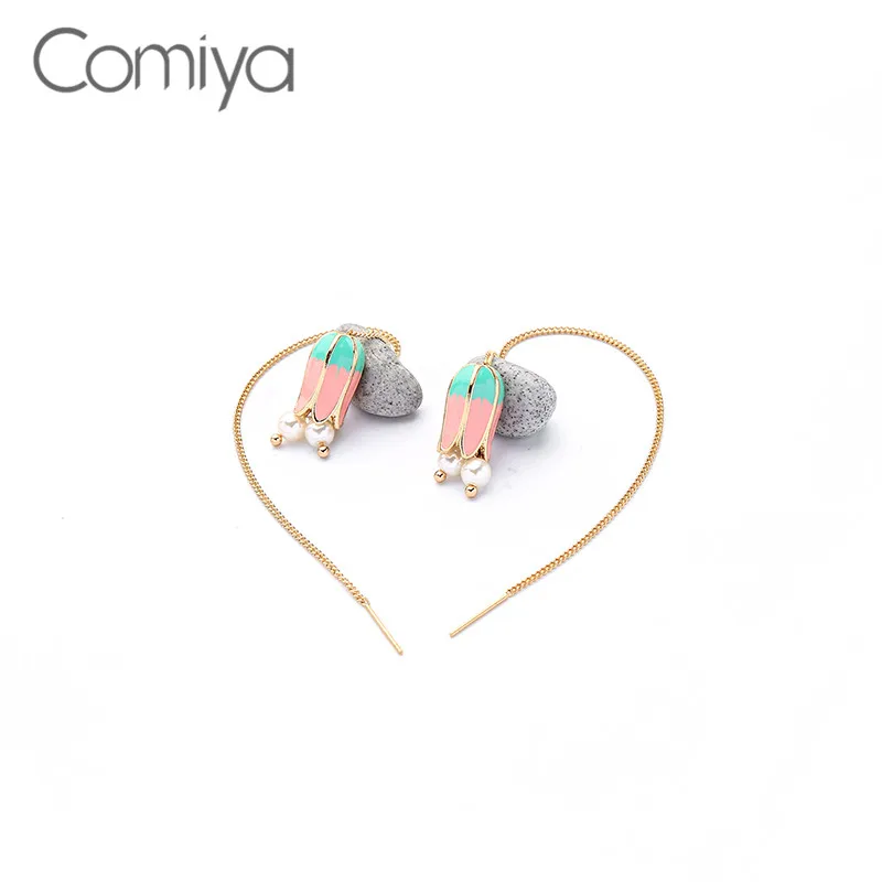 Comiya Long Earrings For Women Enamel Links Acrylic Pearl Gold Color Fashion Flower Pendant Dangle Earring Aretes De Mujer | Украшения и