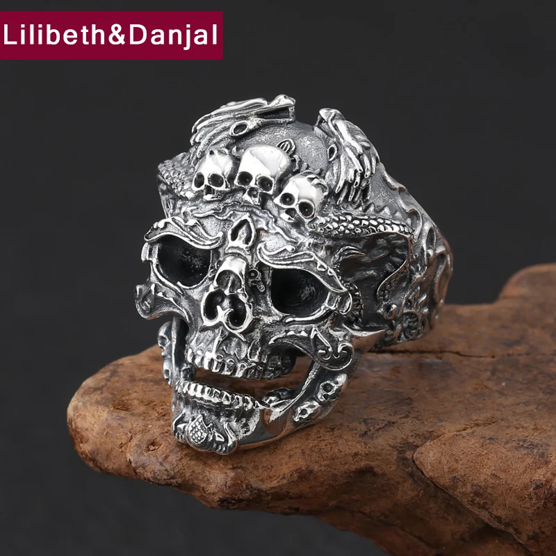 

2019 Custom Adjustable Ring 100% Real 925 Sterling Silver jewelry men women Punk Skull Engagement Ring accessories trendy R120