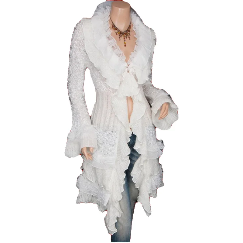 Женский Длинный трикотажный кардиган с воротником стойкой и оборками|fashion
