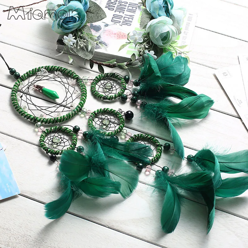 Зеленая полициклическая Ловец снов ручной работы сетка с перьями украшение для