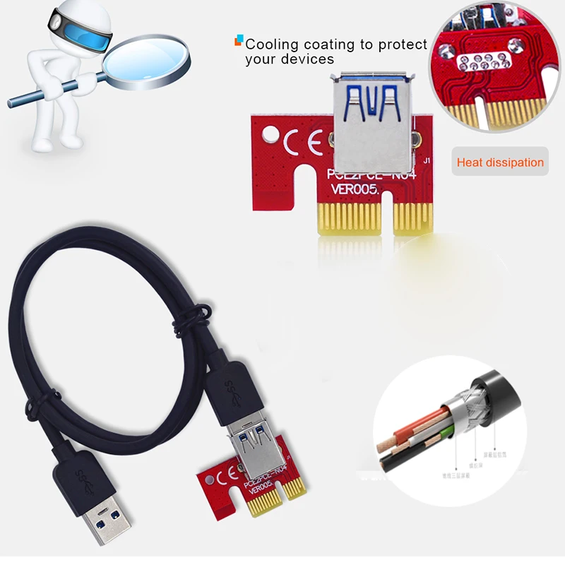 USB3.0 PCIE 16X 1X Видеокарта адаптер Riser card с USB удлинительным кабелем 60 см SATA 15pin вход питания для pc BTC Mining