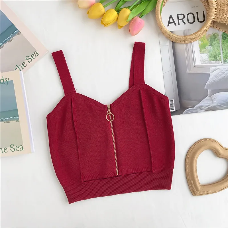 Женский укороченный топ сексуальный v-образный вырез без Рукавов Летняя майка женская трикотажная кофточка на молнии