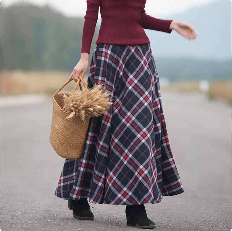 Red Plaid Новинка весны, Женская длинная юбка, Осень-зима, шерстяная юбка, Классическая, винтажный стиль, в клетку, толстая, теплая, Saias Longa - Цвет: Red Plaid