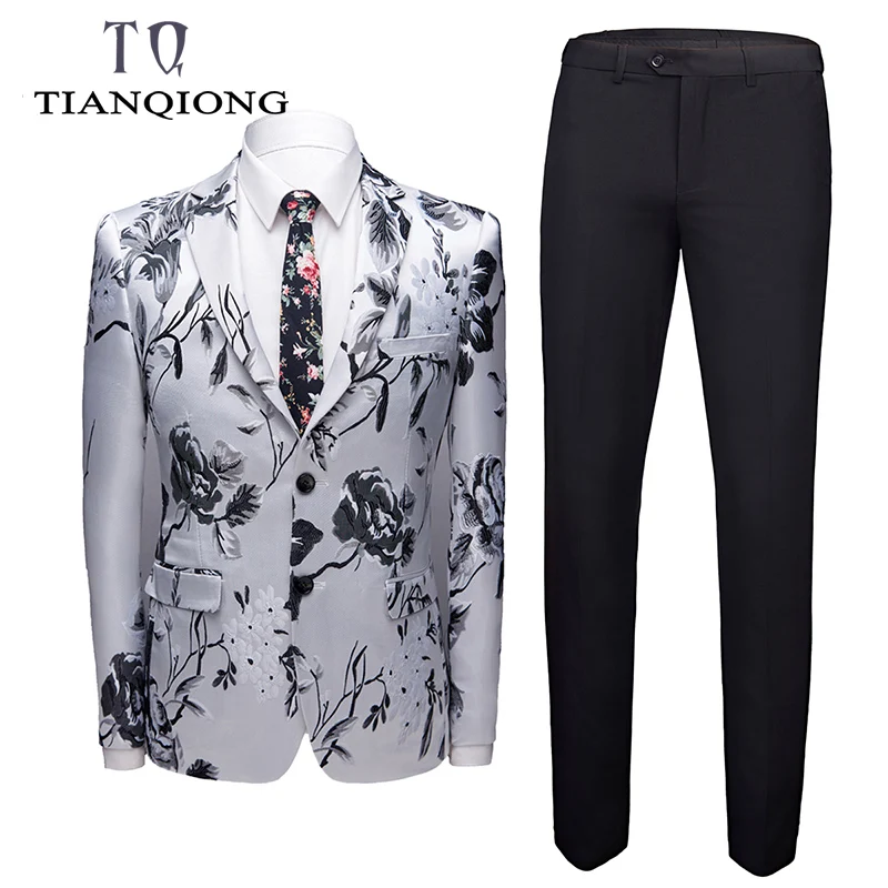 Брендовые новые мужские винтажные синие облегающие костюмы TIAN QIONG с цветочным