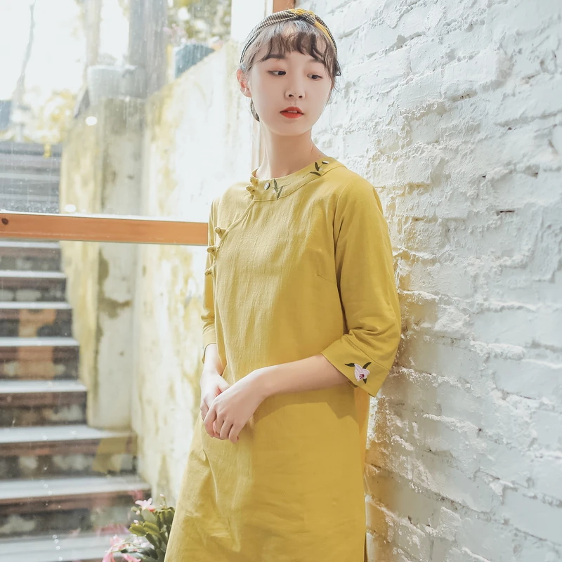 Китайское платье cheongsam qipao с вышивкой qipao платье cheongsam vestidos чиносы Восточное хлопковое и льняное платье cheongsam