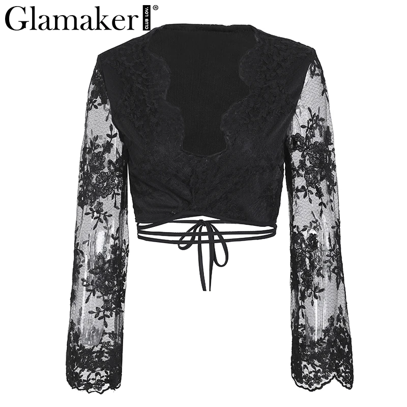 Женская блузка с цветочной вышивкой Glamaker элегантная Прозрачная кружевная v