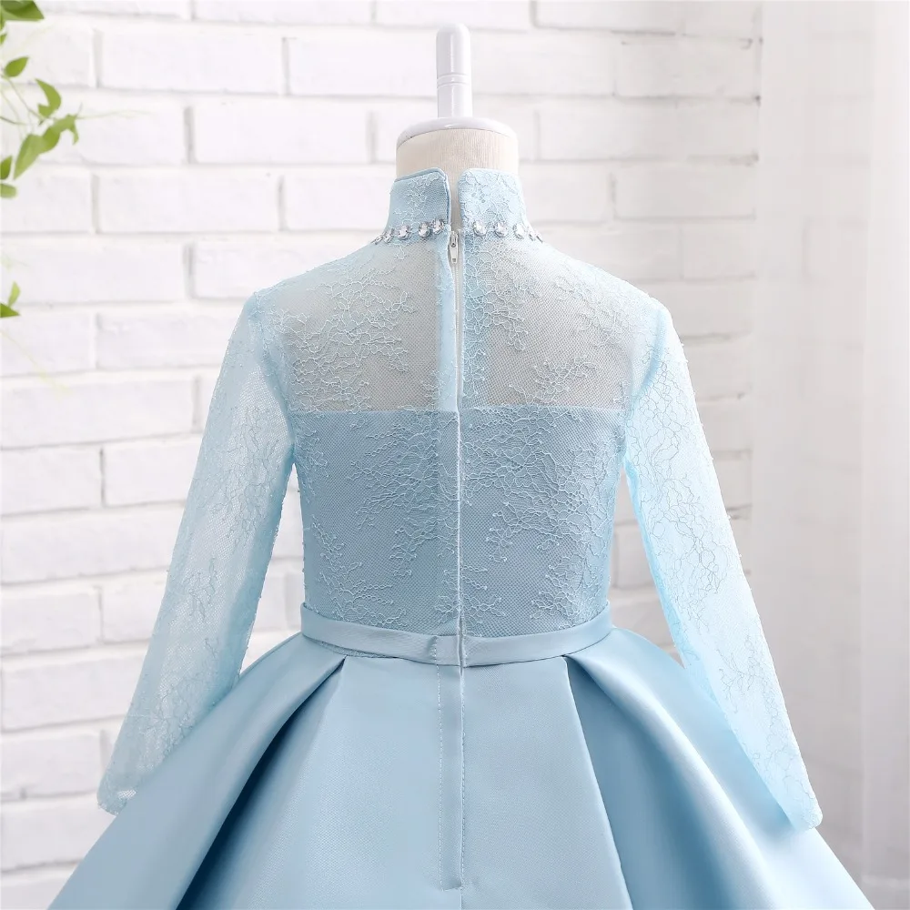 2018 New cheap Flower Girl Dresses Tea Length Satin High Neck Long Sleeve Lace Ball Gown first communion dresses for girls | Свадьбы и