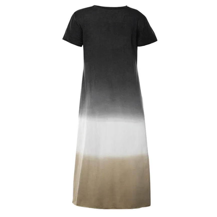 Women Summer Dress Fashion Sexy Dress Plus Size Tie-dyed Color Block Loose V Neck Short Sleeve Maxi Elegant Party Vestidos