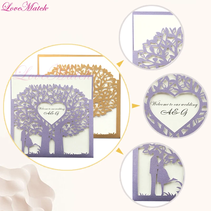 50pcs/lot Laser Cut Lovers Tree Heart Invitation Card for Wedding Guest Greedting Cards Can Be Customized Party Supplies |