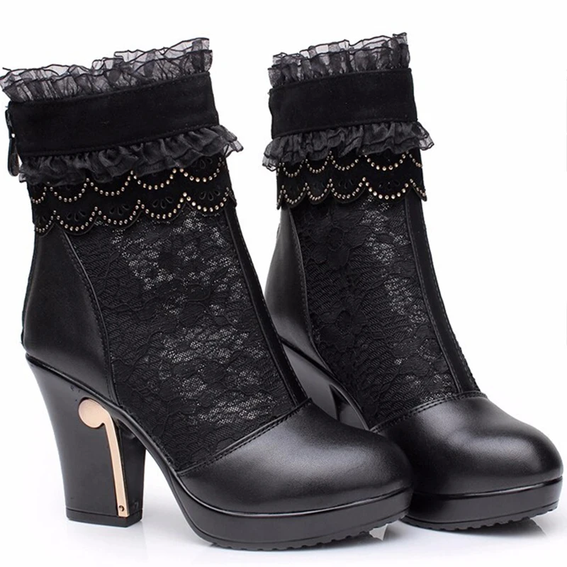 Женские полусапожки на толстом высоком каблуке кружевные марлевые с цветочным