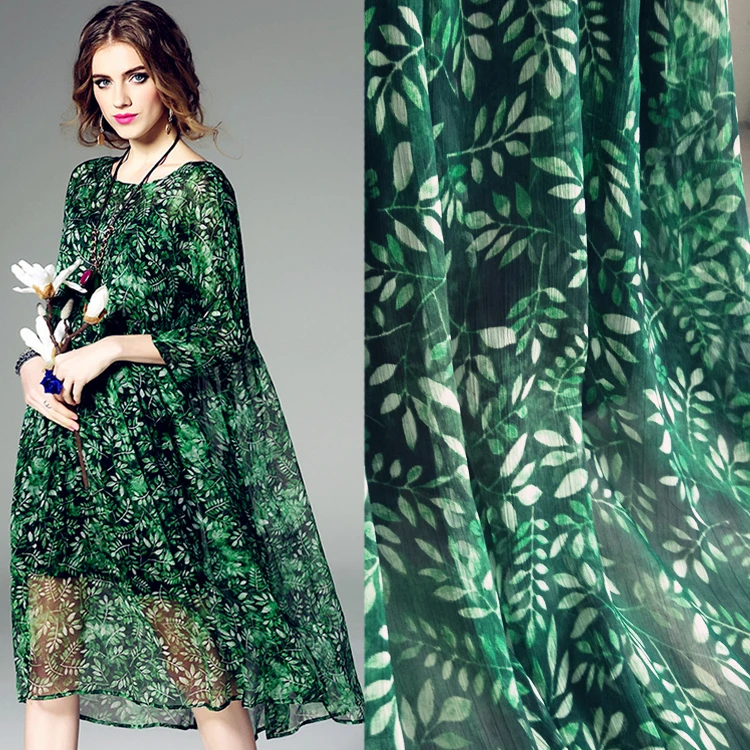 100D листья печатных шифон ткань перо платье рубашка с шелковой шифоновой ткани