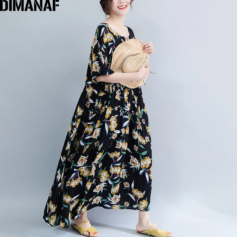 DIMANAF размера плюс, женское пляжное платье, летний сарафан для женщин, Vestidos, элегантное женское Платье макси с цветочным принтом, свободное, большой размер 5XL 6XL
