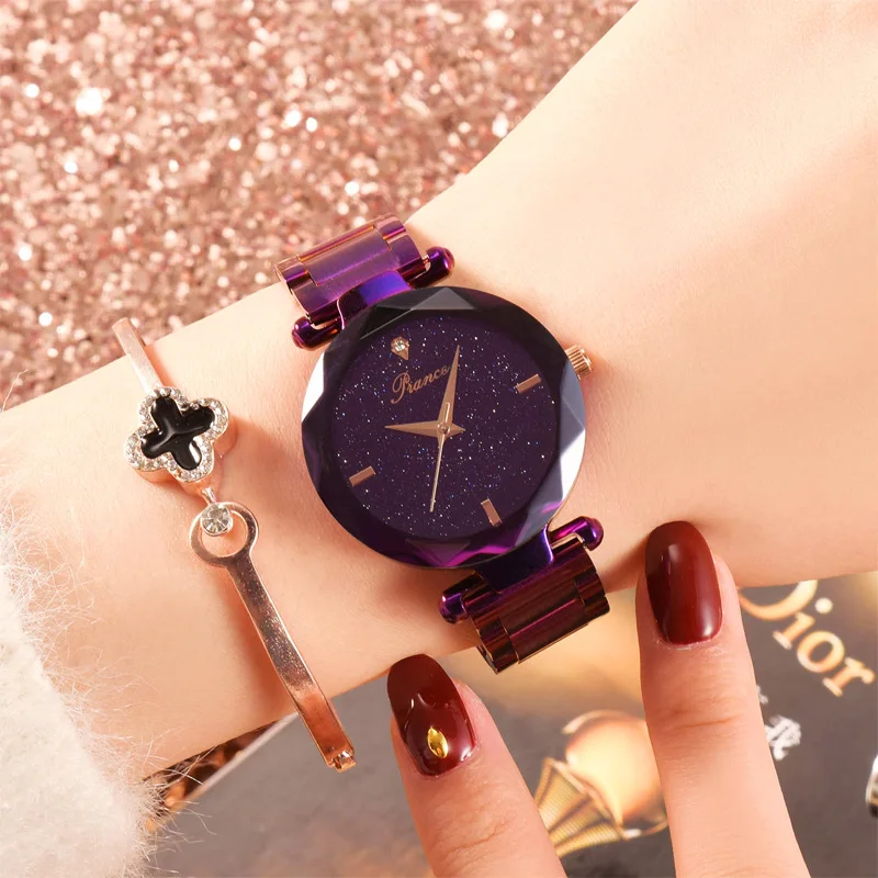 Women Wrist Watch Stainless Steel With Glass Chinese Watch Waterproof Plated Flat Round Movement Starry Design For Woman