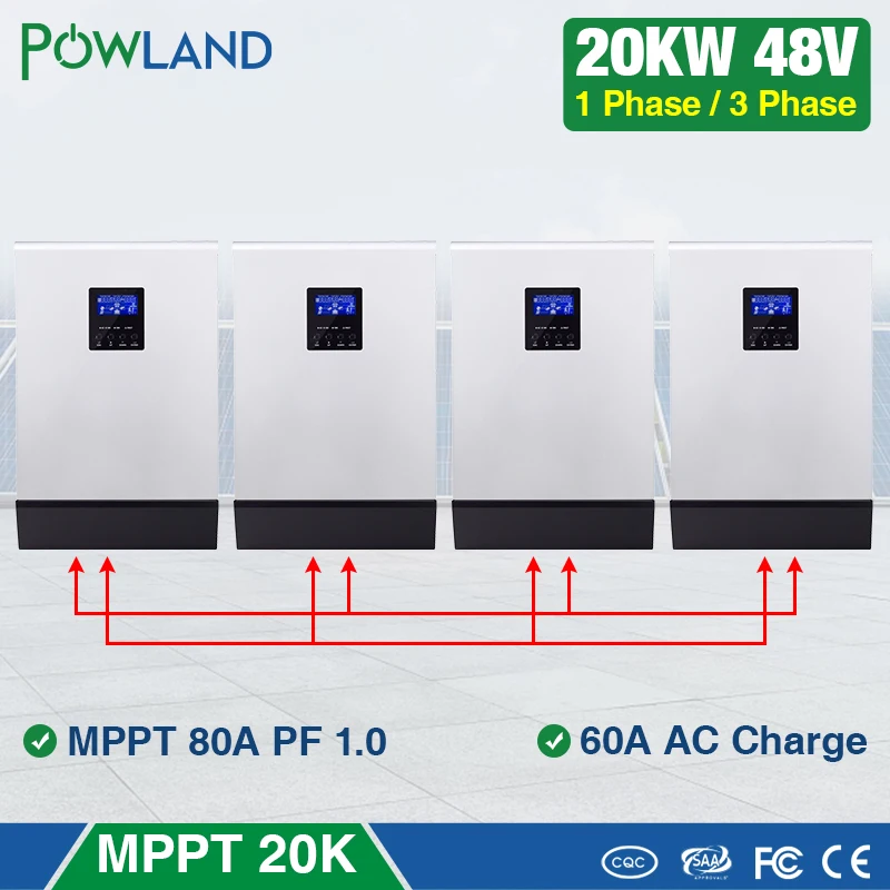 20 кВт солнечный инвертор 80A MPPT чистая синусоида решетки 48Vdc 220Vac и 380Vac 60A AC зарядное