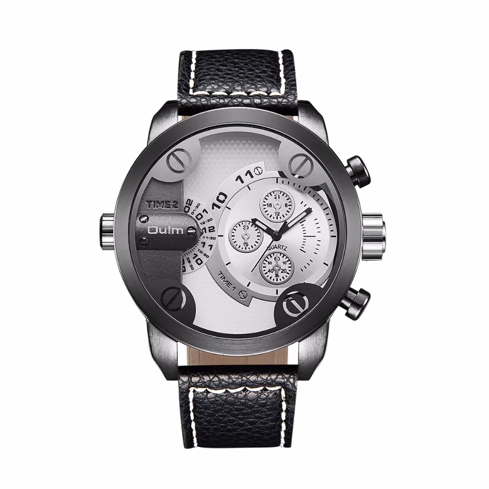 Новый бренд OULM красочные кожаные Наручные часы для мужчин с двумя часовыми