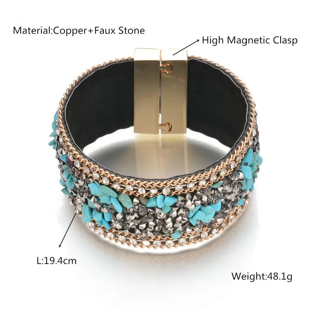 UAM 2 Colors Copper Magnet Blue Wide Leather Bracelets For Man Women Unisex Trendy Jewelry Faux Stone Brazaletes Pulseras Mujer | Украшения