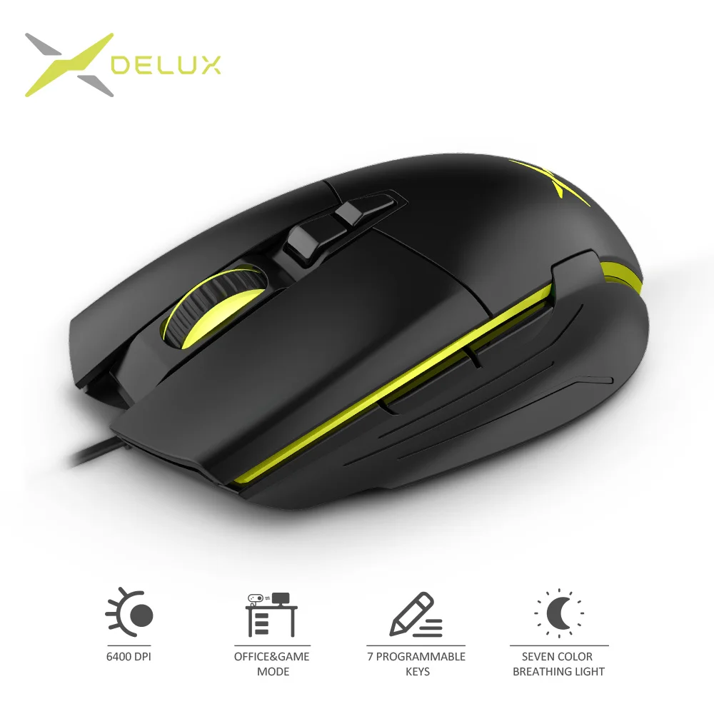 Delux M522 проводная мышь, эргономичная игровая мышь для офиса, два режима, 6400 dpi, 7 программируемых кнопок, мыши с подсветкой для геймера