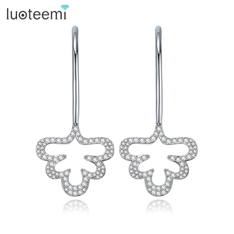

LUOTEEMI White Gold-Color Shinning CZ Micro Paved Heart Pendant Dangle Ear Wire Earring Brincos For Women Wedding Bridal Bijoux