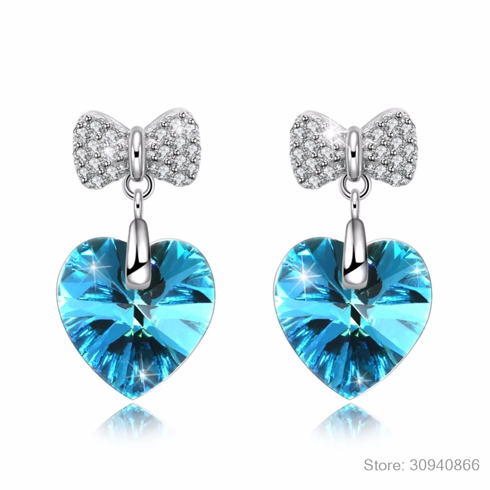 LEKANI кристаллы от SWAROVSKI подвесное сердечко серьги милый бант пирсинг для женщин Свадебные подарки для девочек S925 серебряные ювелирные изделия