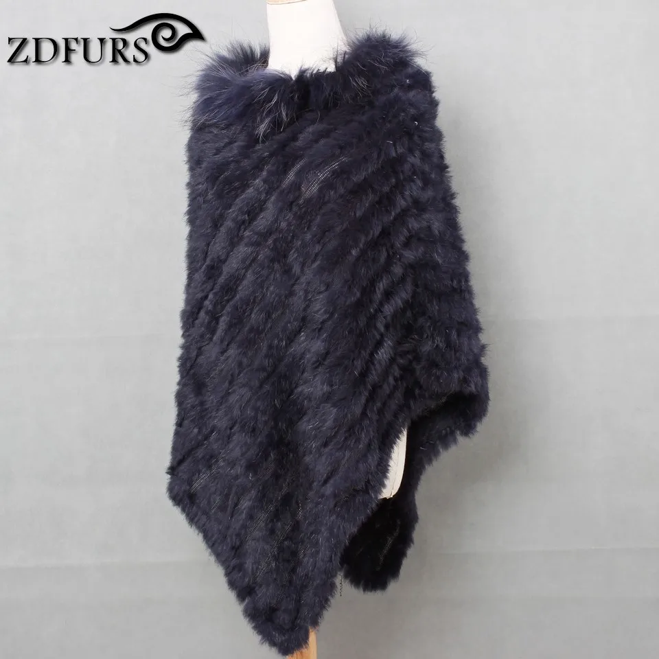 ZDFURS* Вязаное пончо с натуральным кроличьим мехом размера плюс, воротник из меха енота, модная уличная меховая отделка