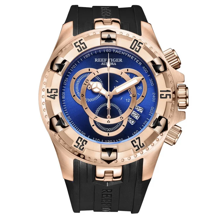 Reef Tiger Aurora Serier RGA303-2 мужские спортивные большие часы водонепроницаемые кварцевые наручные часы с хронографом большой циферблат-розовое золото