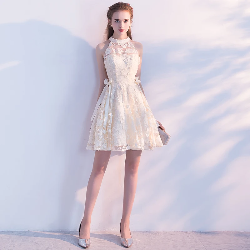 Винтажные кружевные короткие мини-Выпускные платья vestido de festa Совок галстук-лента женские вечерние платья для женщин