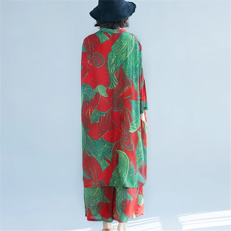 Женский свободный костюм большого размера длинная рубашка с цветочным принтом и