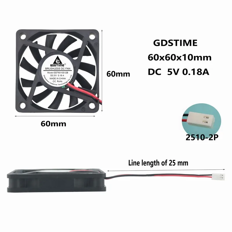 

Gdstime 1 pcs DC 5V 6010 2510- 2Pin 6cm 60x60x10mm Motor Brushless Cooling Fan 60mm x 10mm PC Case VGA CPU Heatsink Cooler