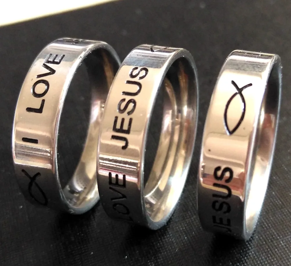 50PCS Etched oil filled Silver 6mm I love Jesus Fish 316L Stainless Steel Finger Rings Christian Ring Cross Unique Jewelry | Украшения и