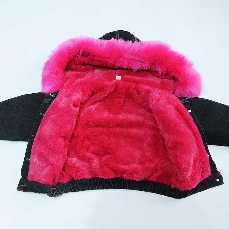 Fashion Girl Winter Jacket Denim Fur Hooded Jackets for Baby Girl's Thick Coat Warm Outerwear Kids Coats Jeans | Детская одежда и