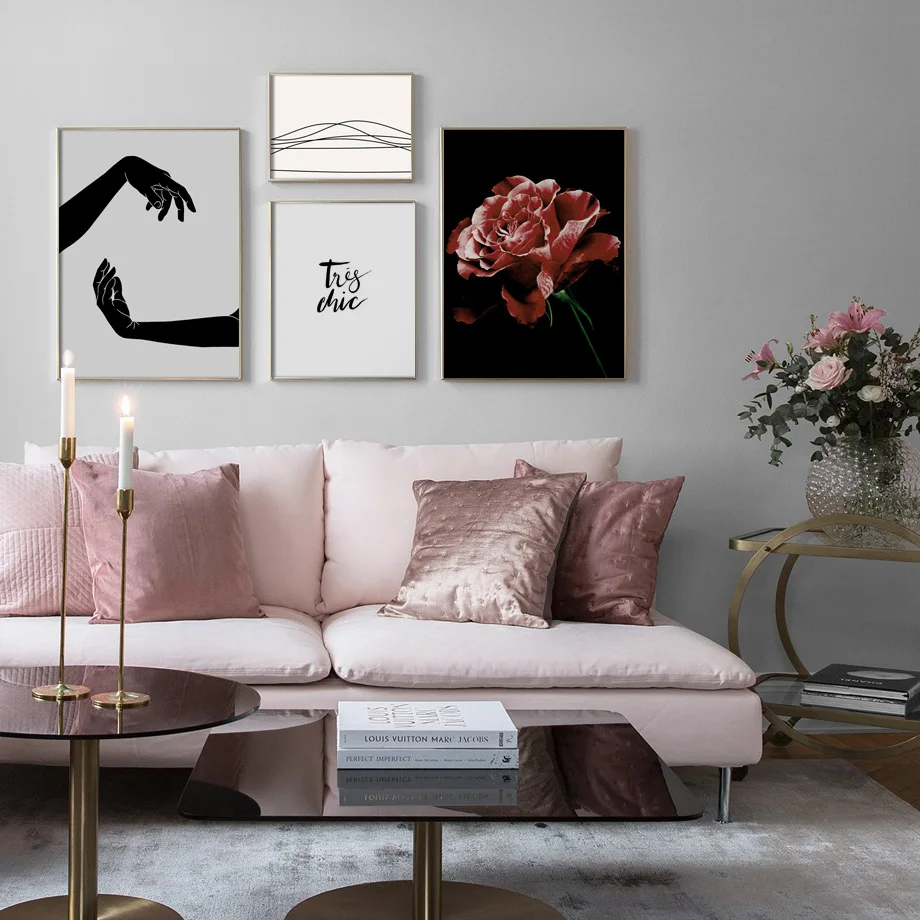 abstract Hand Rose peony Line Curve Quote Nordic Posters And Prints Wall Art Canvas Painting Pictures For Living Room Decor | Дом и сад